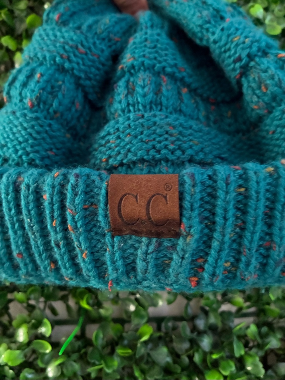 C.C Teal Speckled Knit Beanie for Kids with Leather Logo